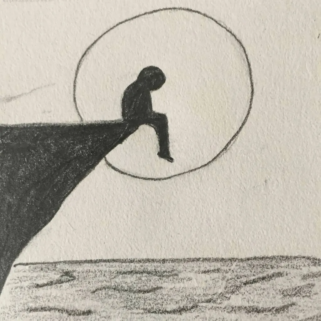 Idea de dibujo fácil para dibujar de una persona sentada sobre una roca con un círculo de fondo