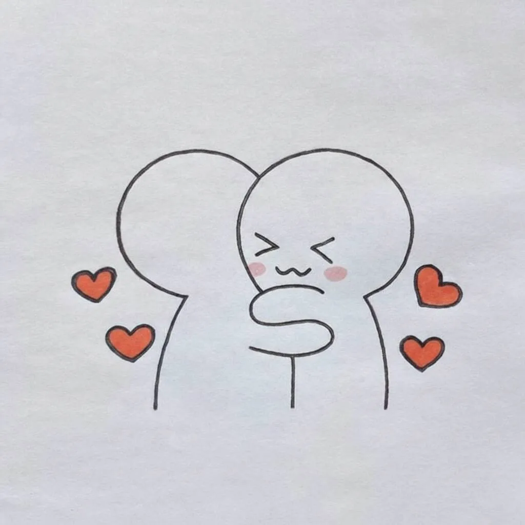 Idea de dibujo fácil para dibujar dos personajes abrazándose con corazones.