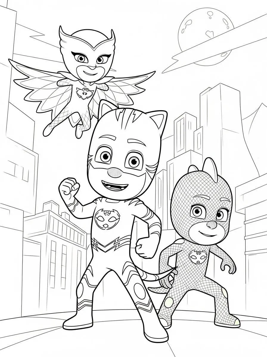 PJ Masks Catboy, Owlette and Gekko Coloring Page