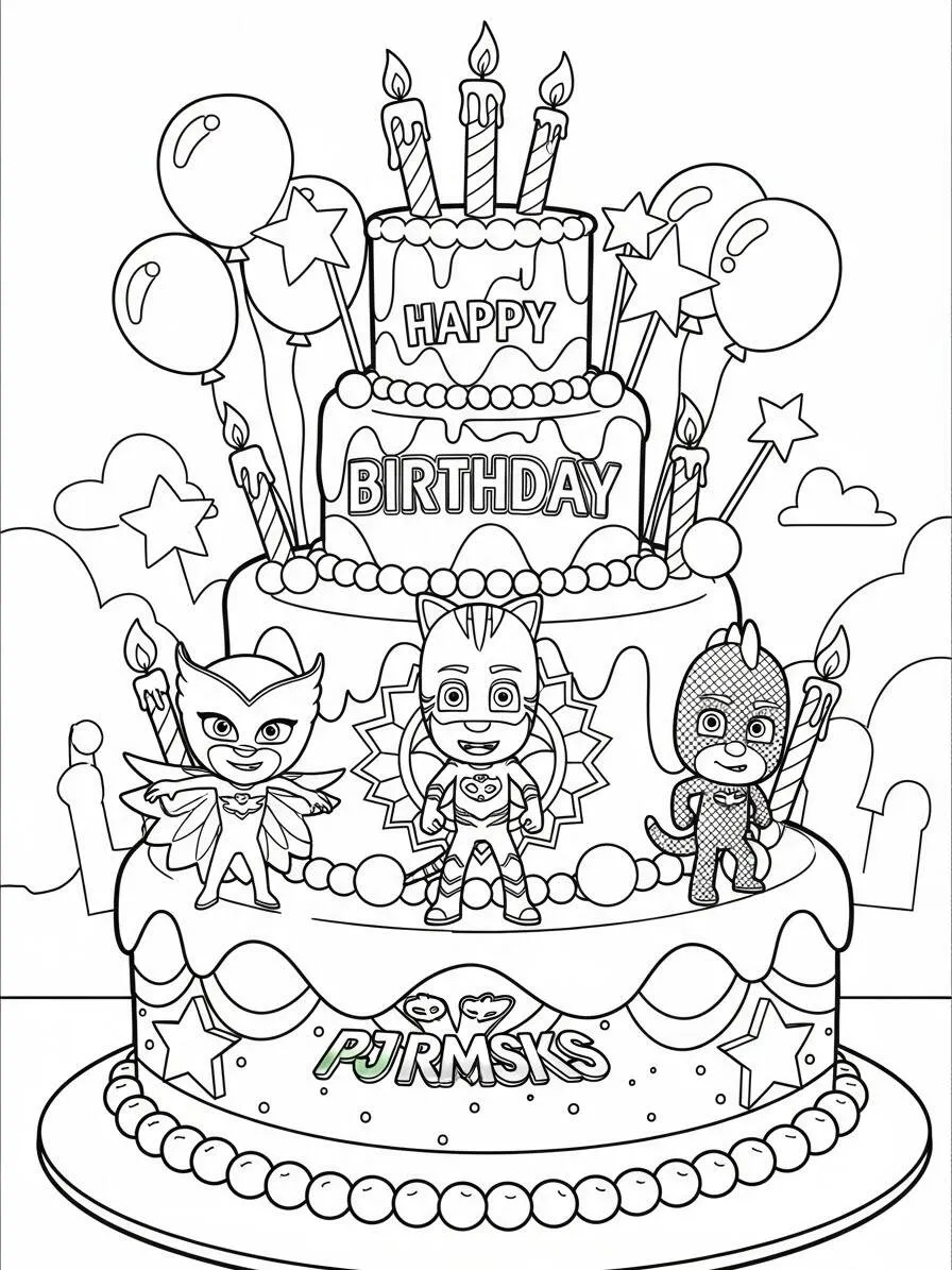 PJ Masks Birthday Party Coloring Page