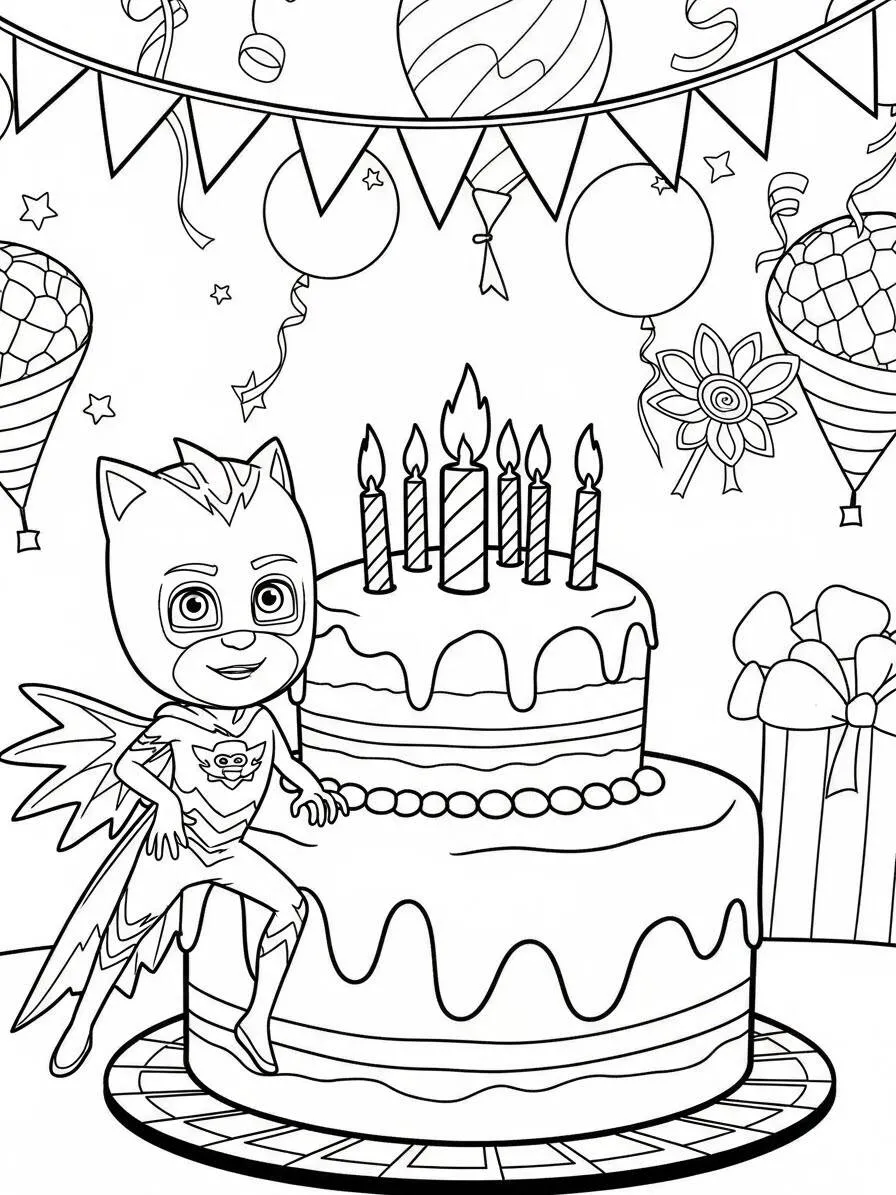Desenho de PJ Masks Owlette em Festa de Aniversário para Colorir
