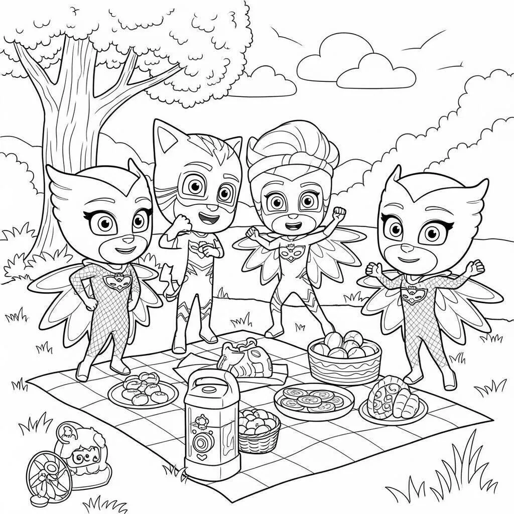 PJ Masks Picnic with Owlette, Catboy and Gekko Coloring Page