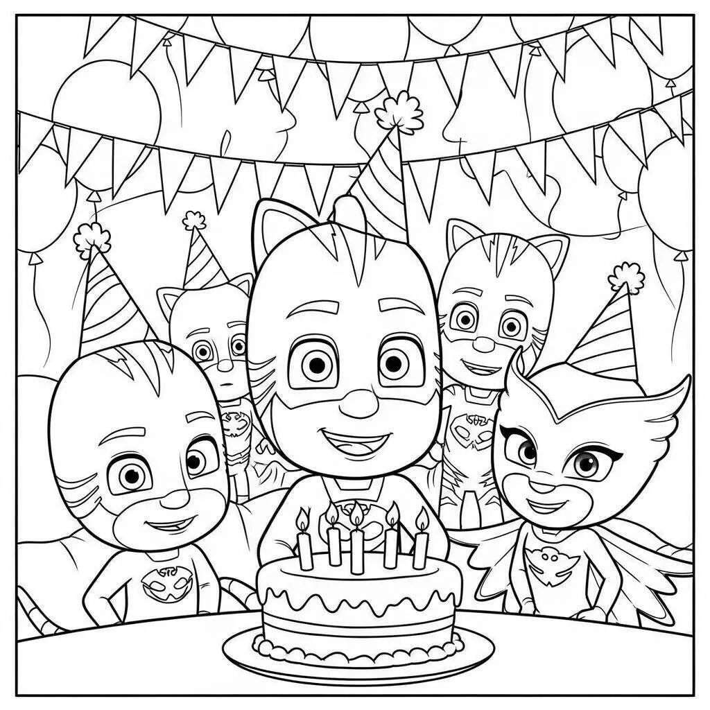 PJ Masks Birthday Party Coloring Page