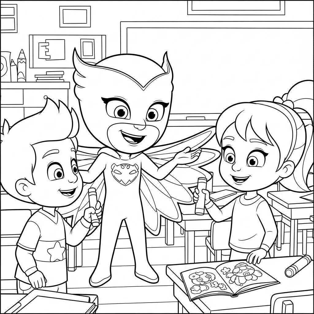 PJ Masks Owlette with Children Coloring Page