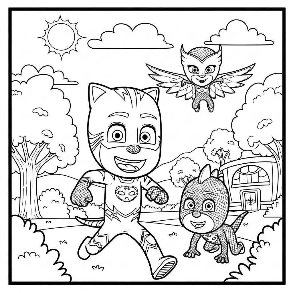 Desenho de PJ Masks Catboy, Owlette e Gekko para Colorir