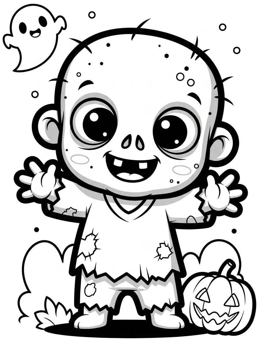 Coloriage Kawaii Zombie avec citrouille et fantôme