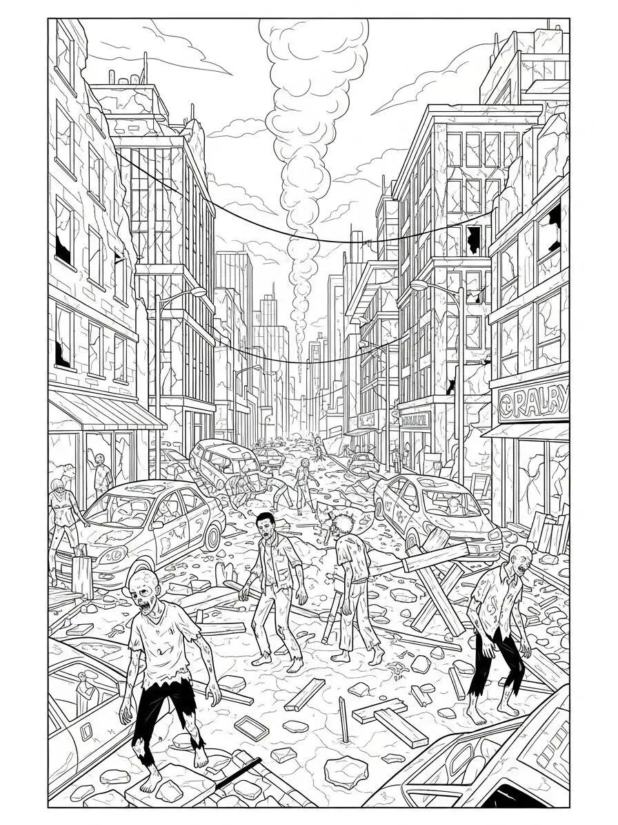 Dibujo para colorear de zombie en la ciudad abandonada