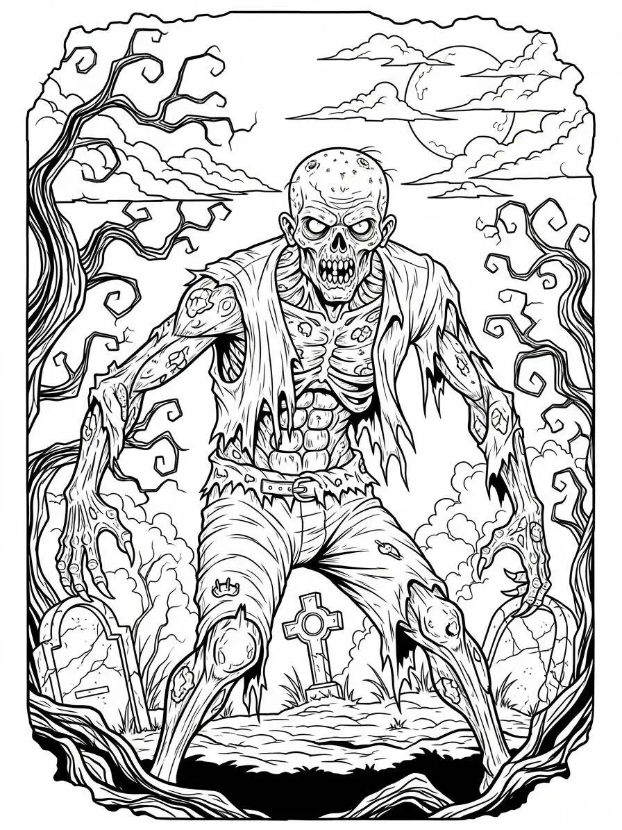 Coloriage Zombie effrayant sortant de la tombe