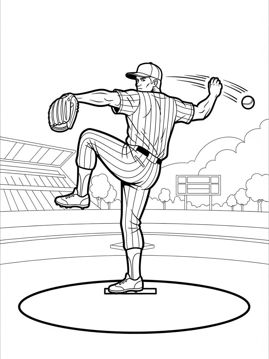 Jugador de béisbol lanzando la pelota para colorear