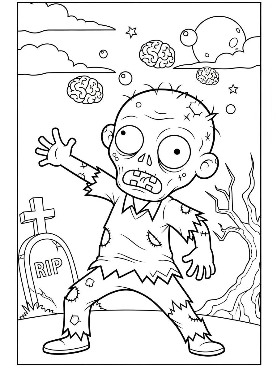 Dibujo para colorear de zombie aterrador con cerebro flotante