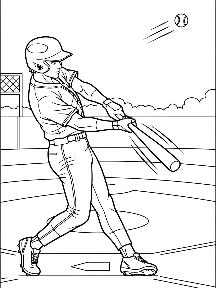 Jugador de béisbol golpeando con un bate Página para colorear