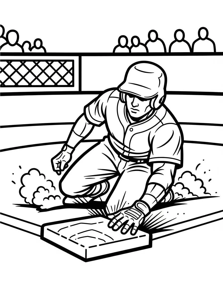 Jugador de béisbol deslizándose sobre la base Página para colorear