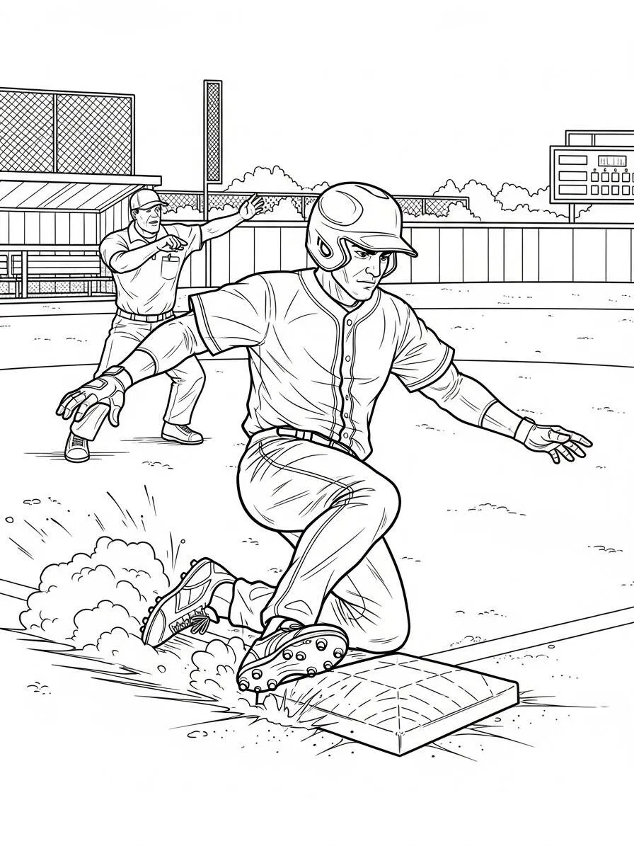 Jugador de béisbol deslizándose hacia la base Página para colorear
