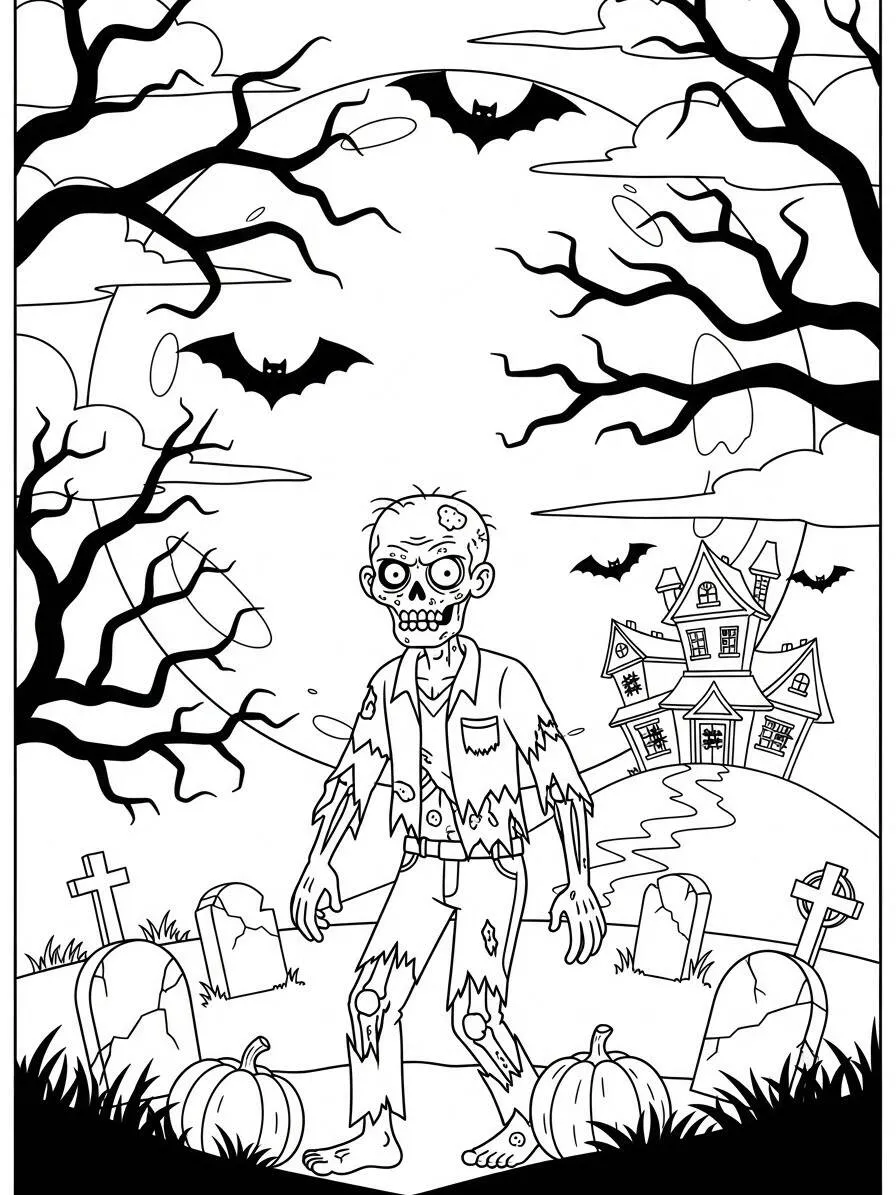 Dibujo para colorear de zombie aterrador en el cementerio
