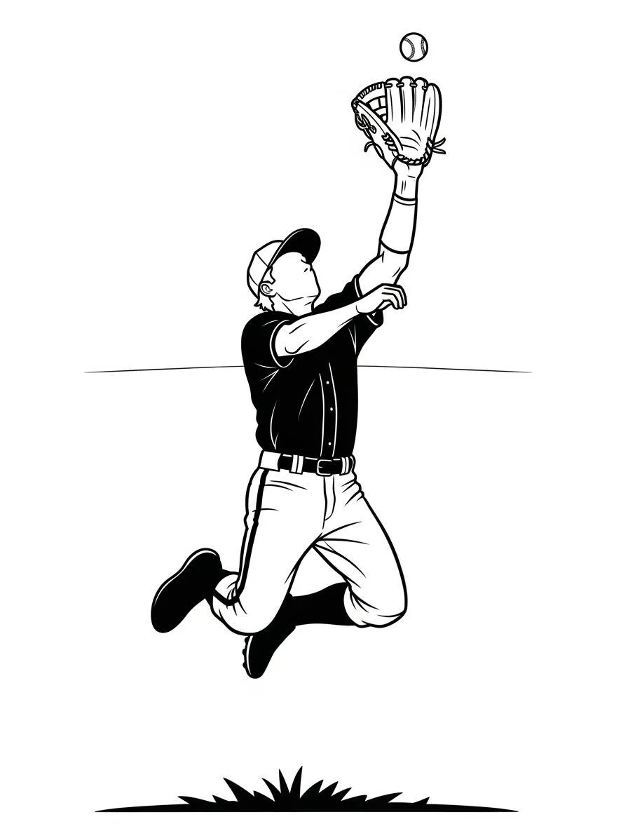 Página para colorear de jugador de béisbol saltando para atrapar la pelota