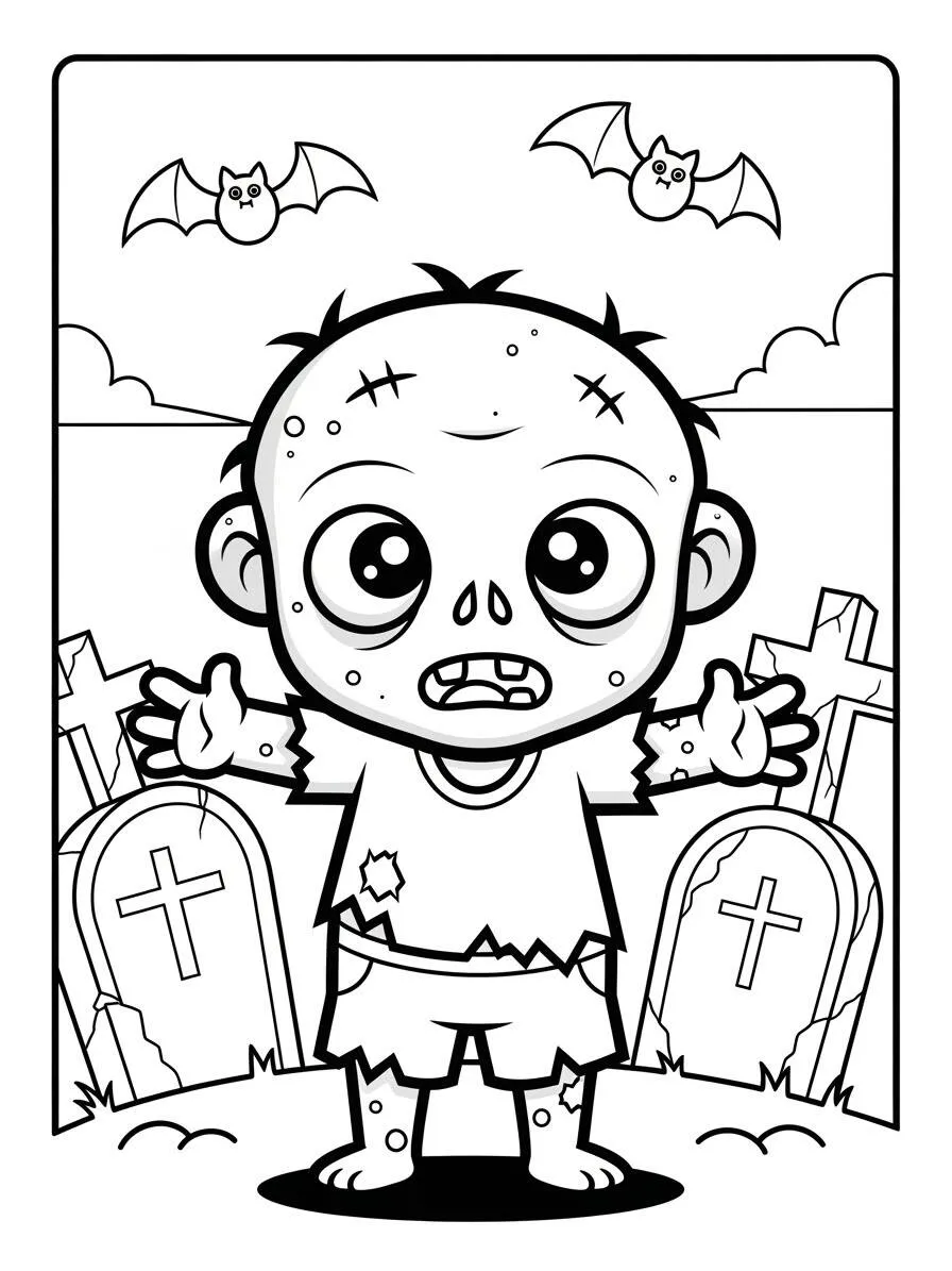 Lindo Zombi con Cementerio Dibujo para colorear