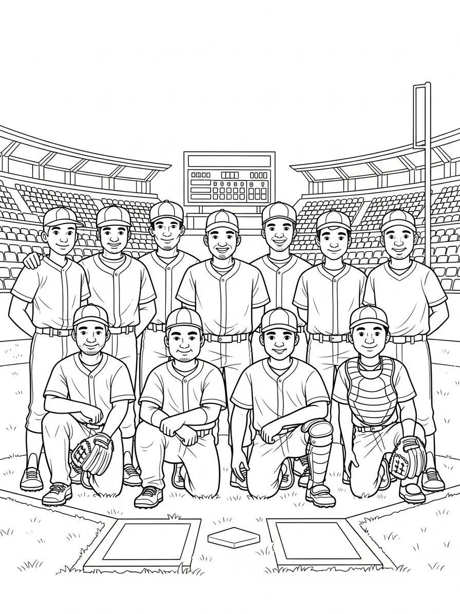 Equipo de béisbol en el campo Página para colorear