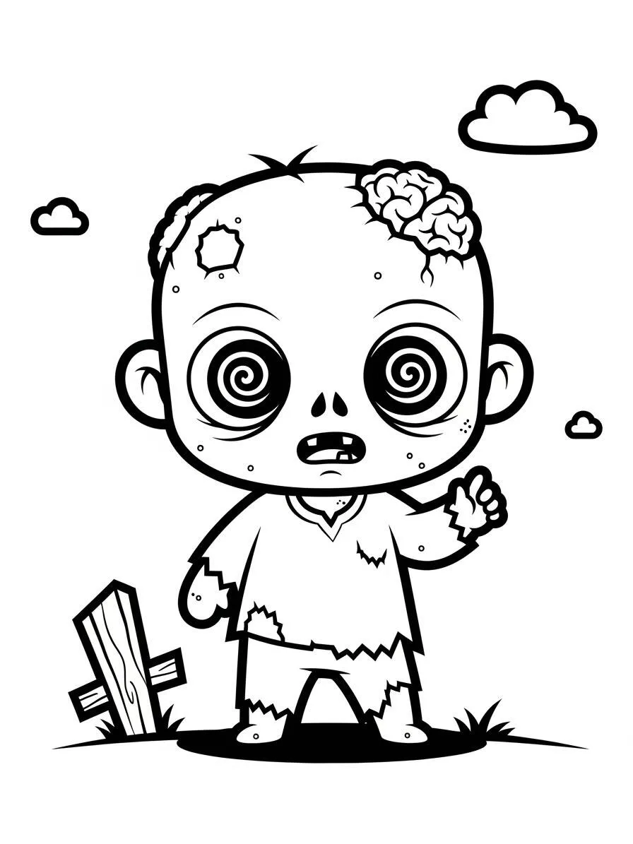 Dibujo para colorear de zombi kawaii con cerebro desnudo