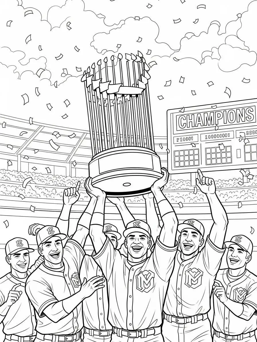 Página para colorear de béisbol celebrando la victoria con trofeo