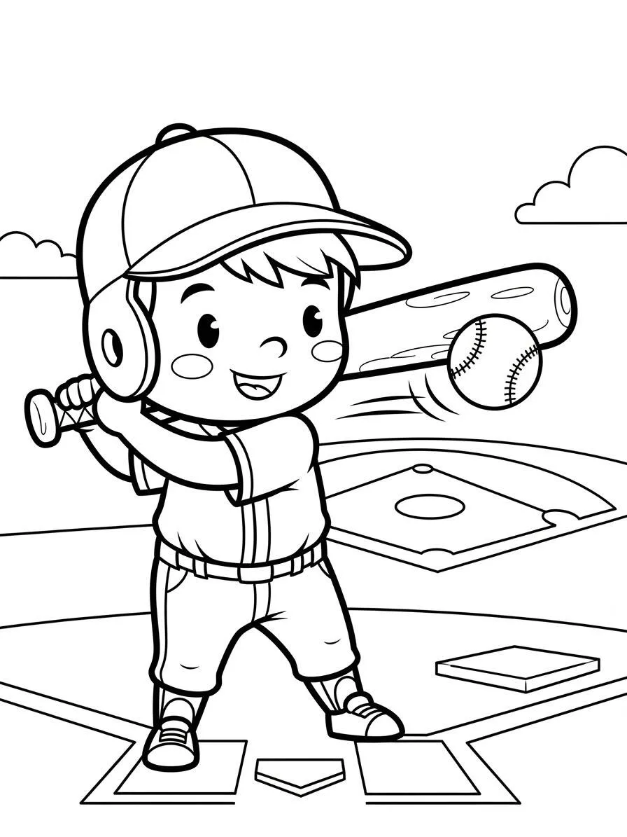 Niño de béisbol golpeando un bate Página para colorear