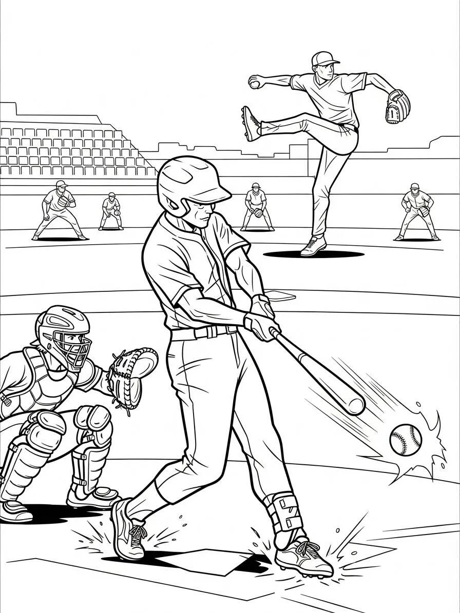 Jugador de Béisbol Golpeando con el Lanzador de Fondo para Colorear