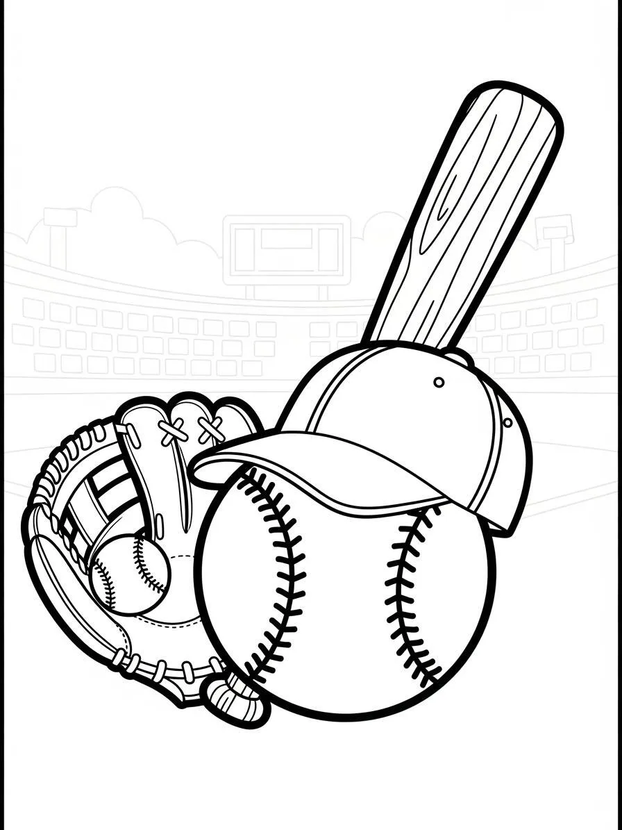 Página para colorear de guante, pelota y bate de béisbol