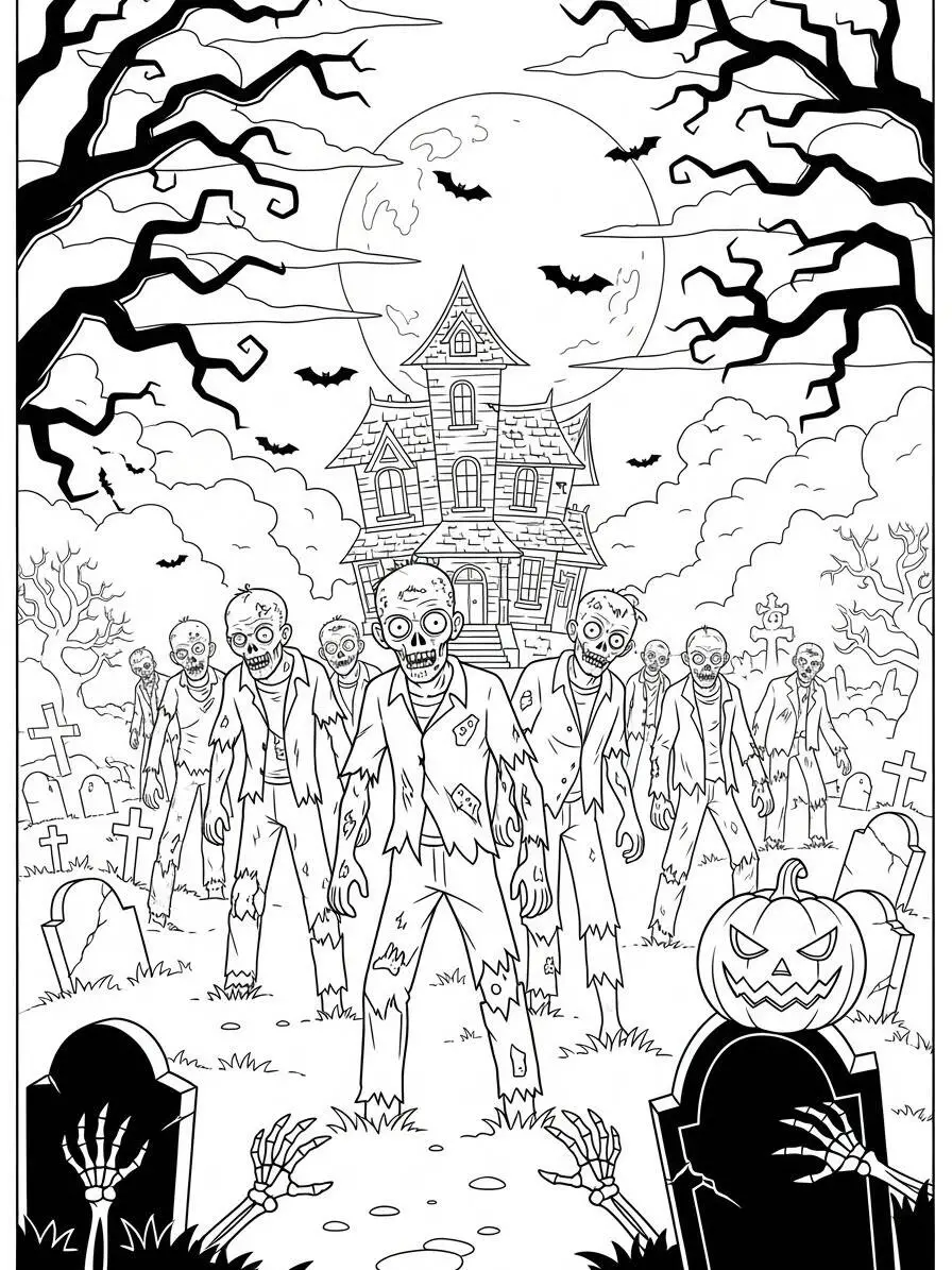 Dibujo para colorear de Zombis en un cementerio encantado