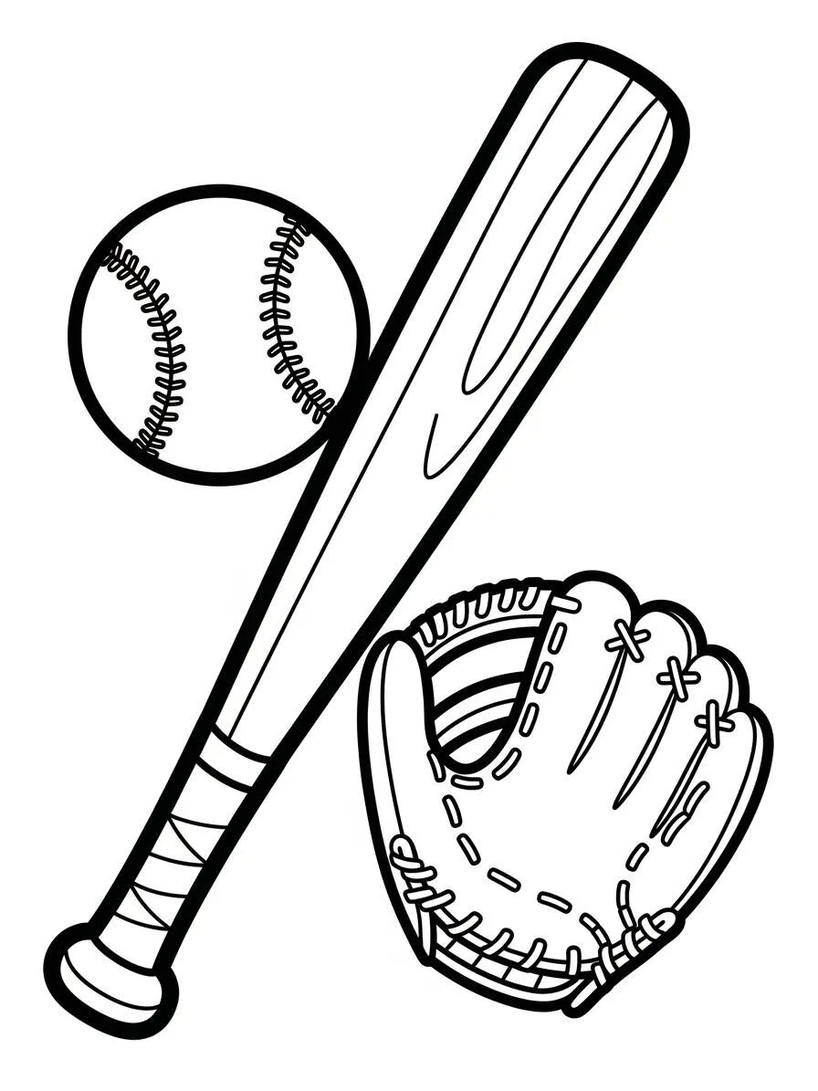 Página para colorear de béisbol con bate, guante y pelota