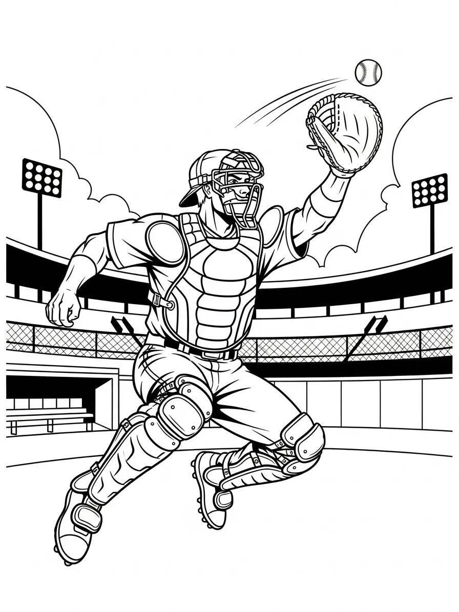 Página para colorear de receptor de béisbol en acción