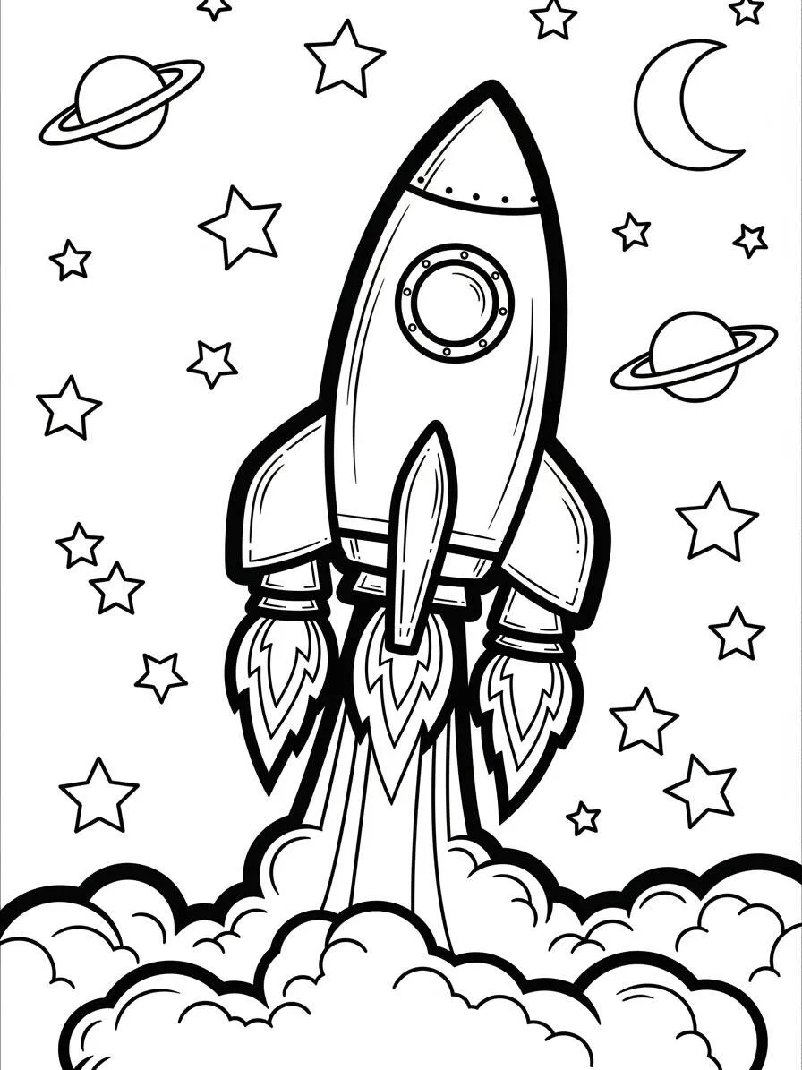 Ausmalbild: Rakete startet in die Wolken