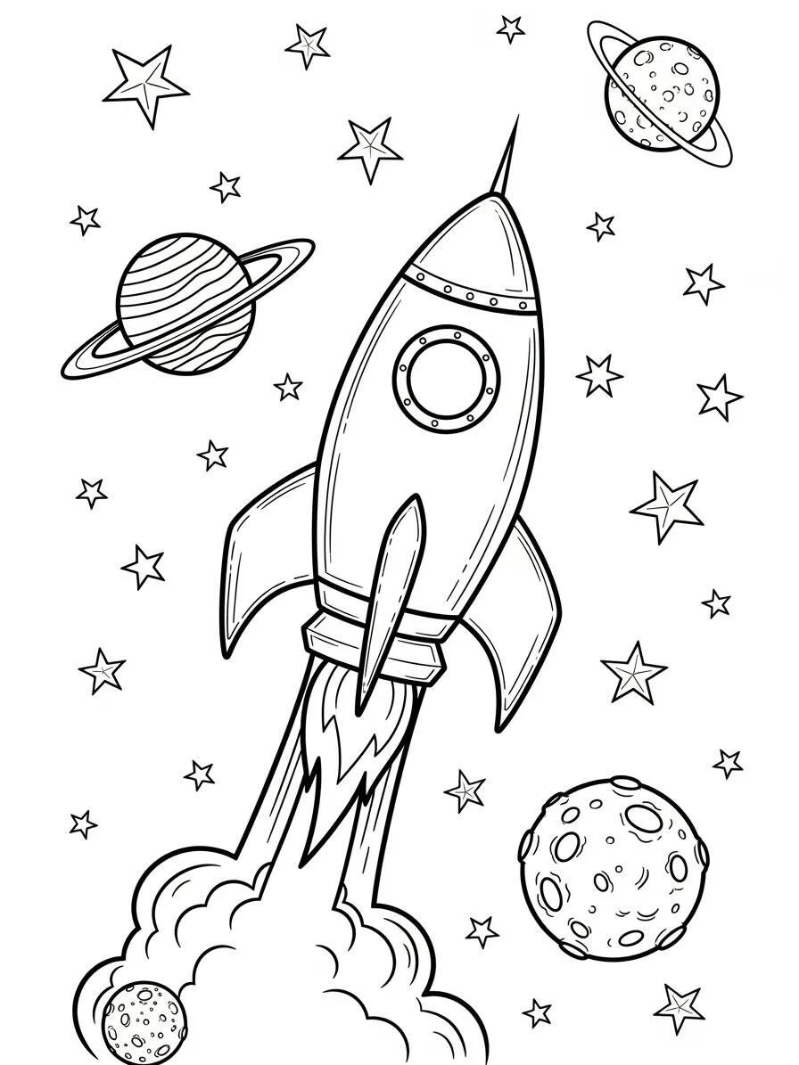 Ausmalbild: Rakete startet mit Sternen und Planeten