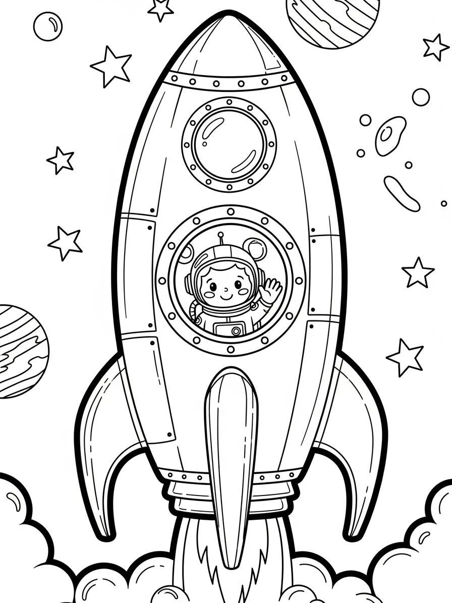Cohete con astronauta saludando Dibujo para colorear