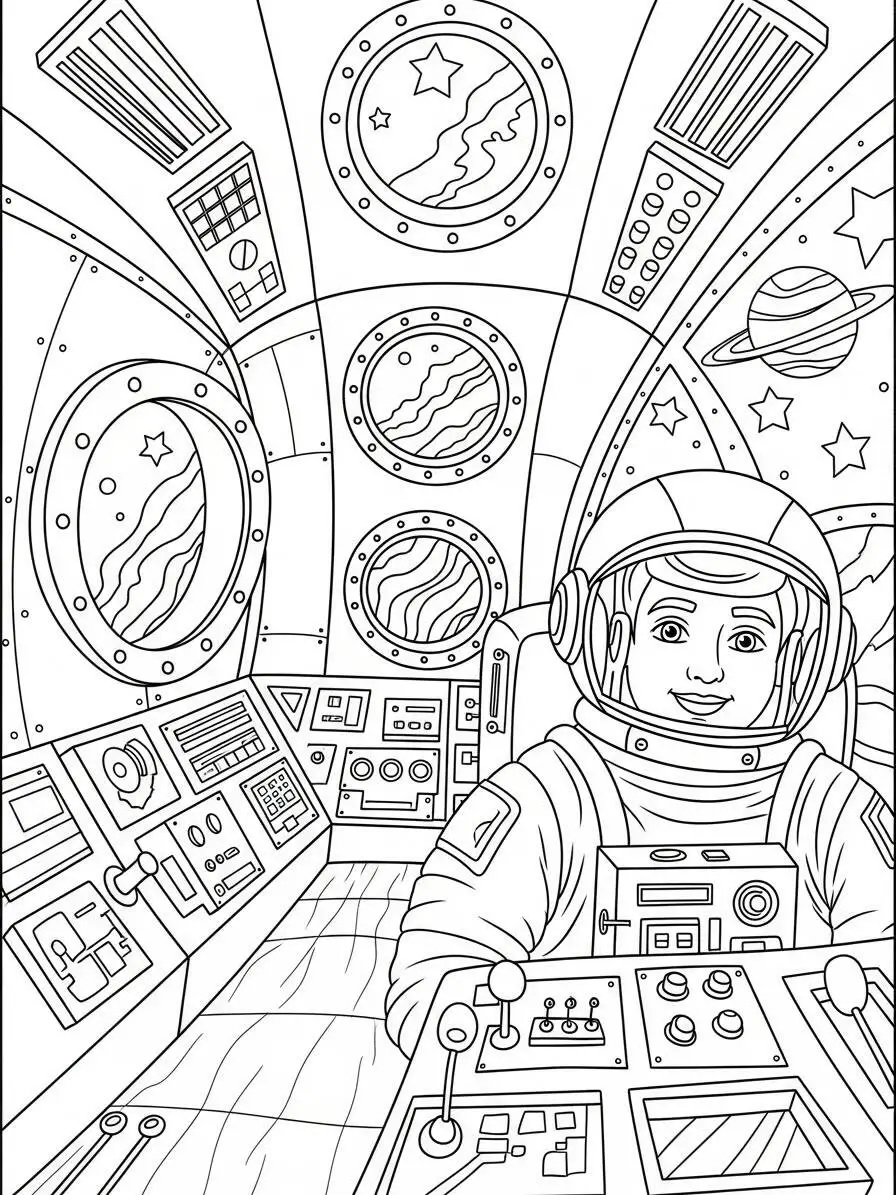 Dibujo para colorear cohete con astronauta en la cabina