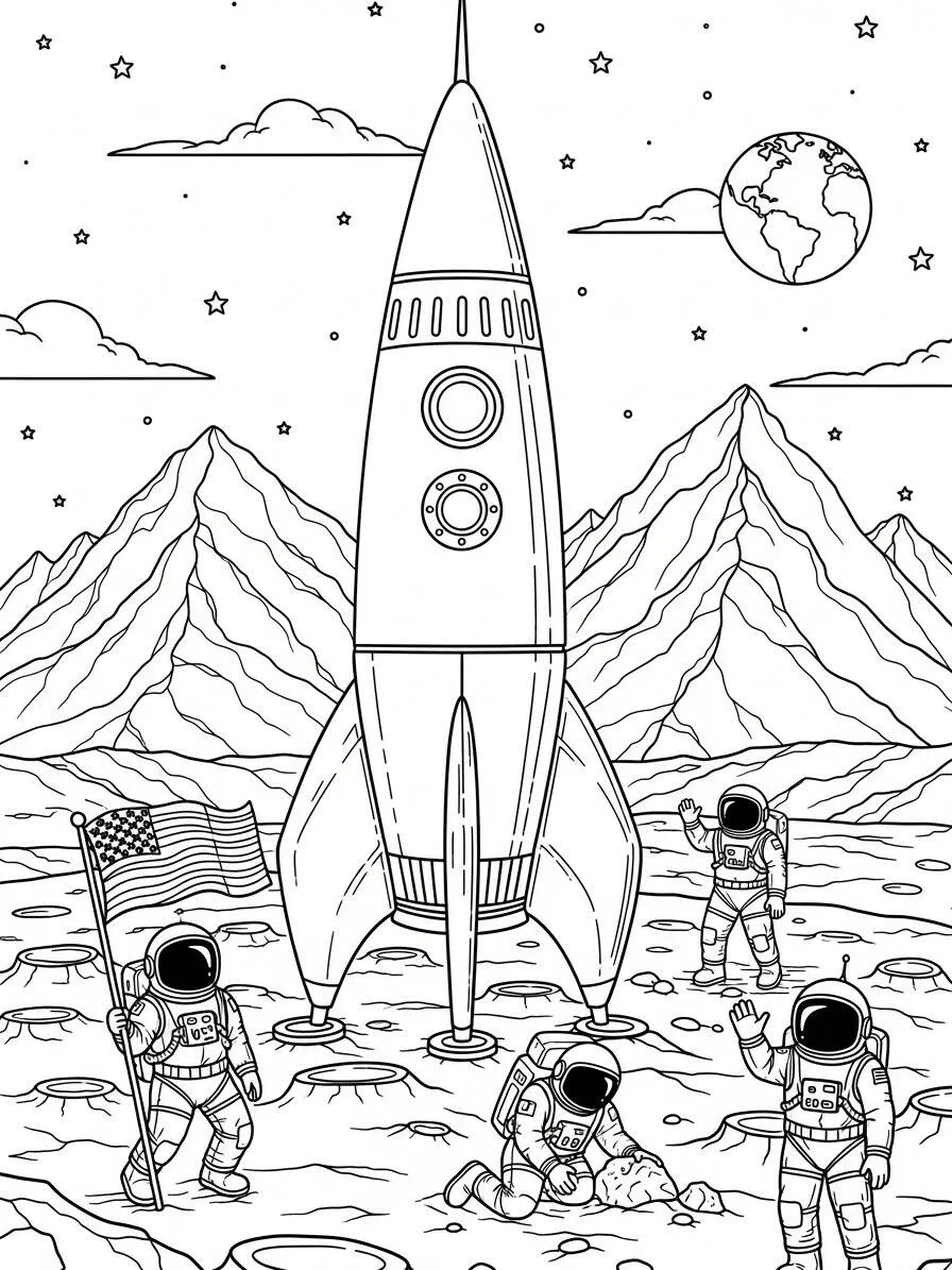 Dibujo de Cohete en la Luna con Astronautas para colorear