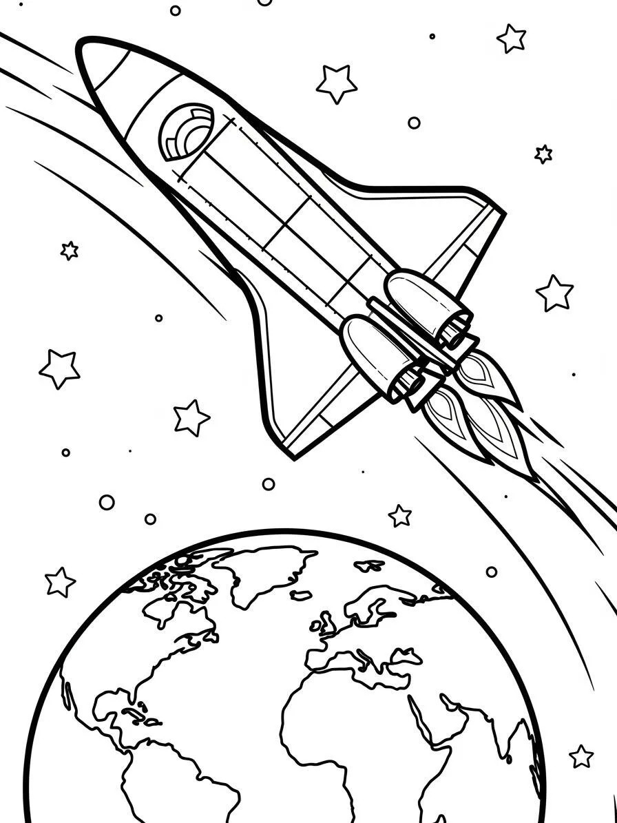 Cohete volando por el espacio con la Tierra para colorear