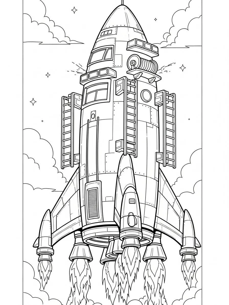 Cohete despegando con fuego Dibujo para colorear