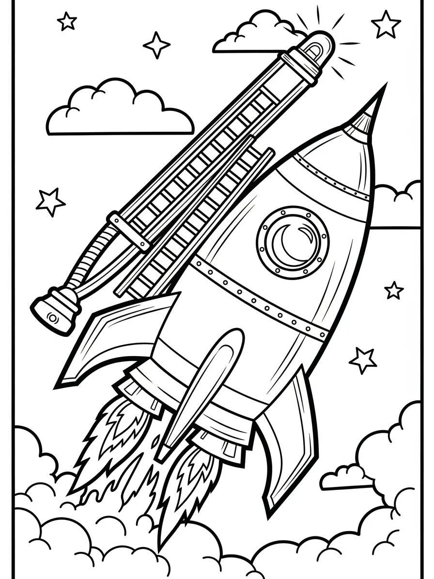 Cohete despegando con nubes Dibujo para colorear