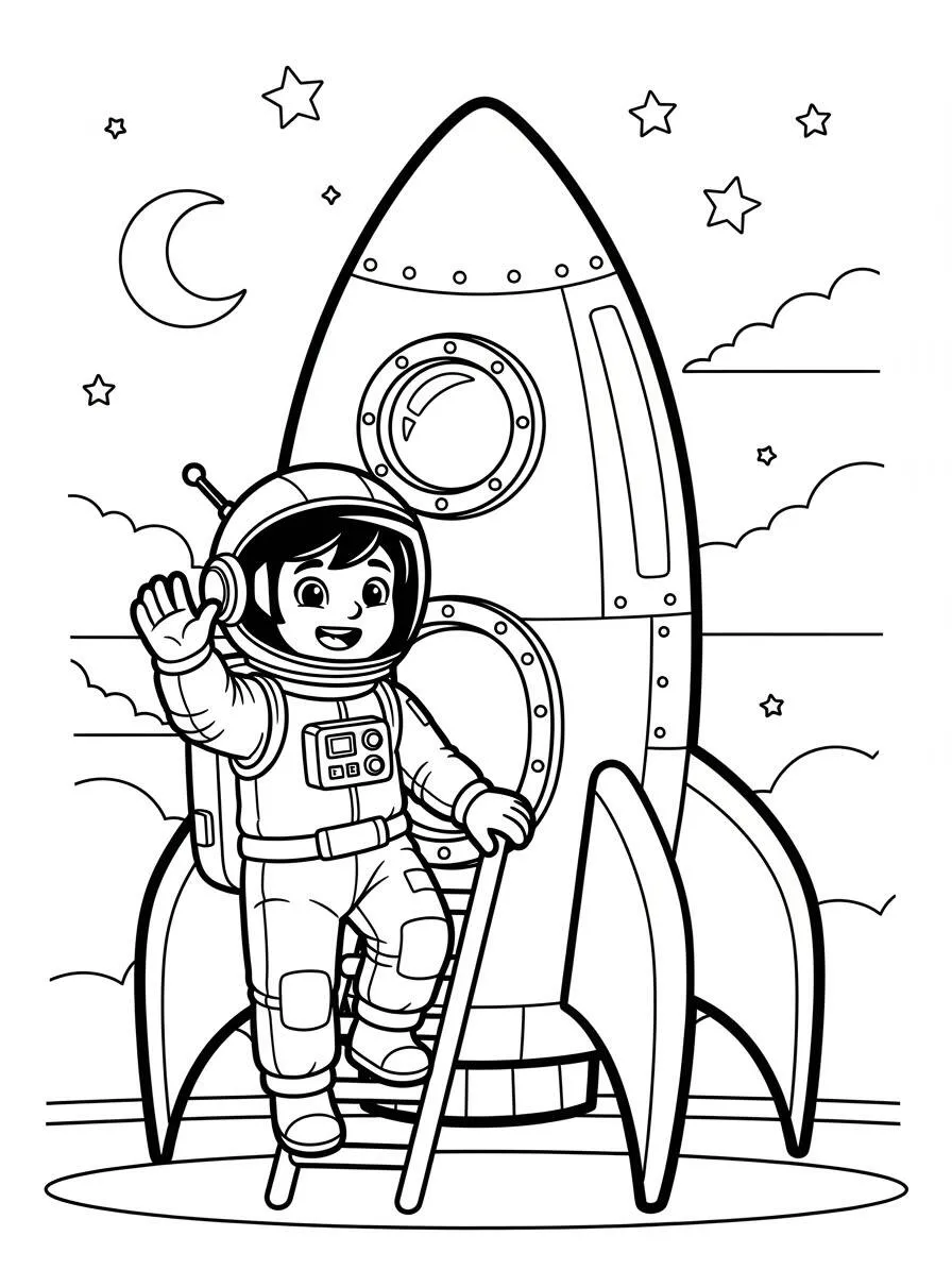 Cohete con astronauta saludando Dibujo para colorear