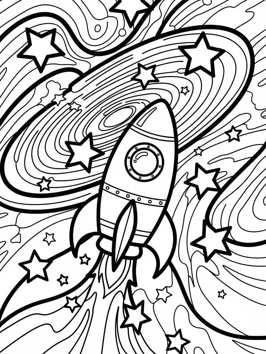 Cohete viajando por el espacio con estrellas para colorear