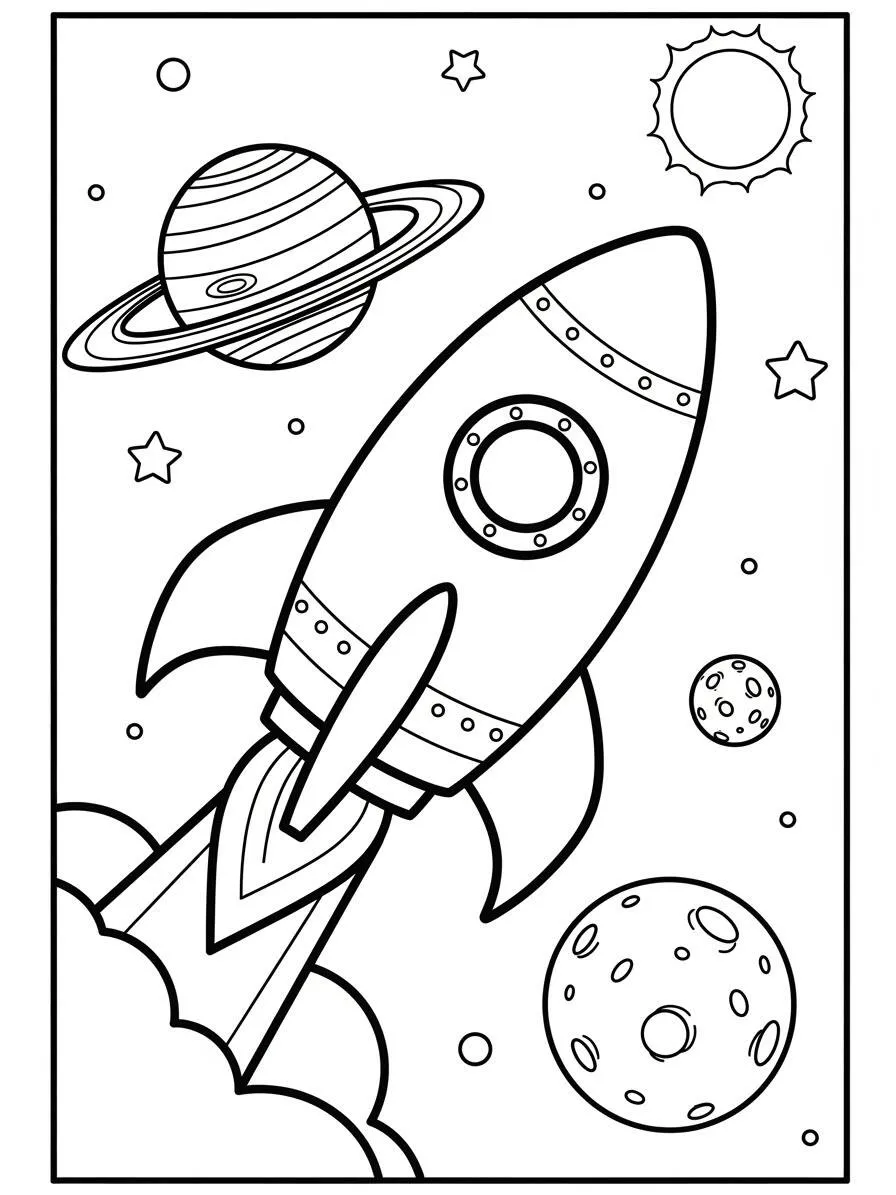 Dibujo de cohete viajando por el espacio con planetas para colorear