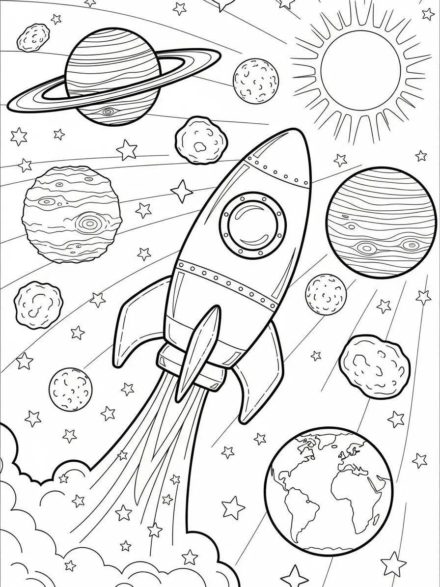 Cohete viajando por el espacio con planetas y estrellas para colorear