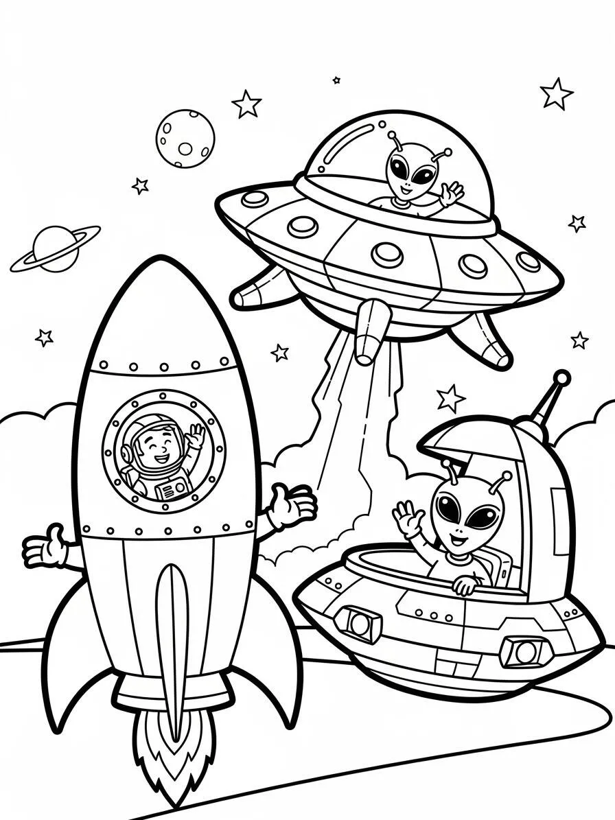 Dibujo para colorear de cohetes y naves espaciales extraterrestres