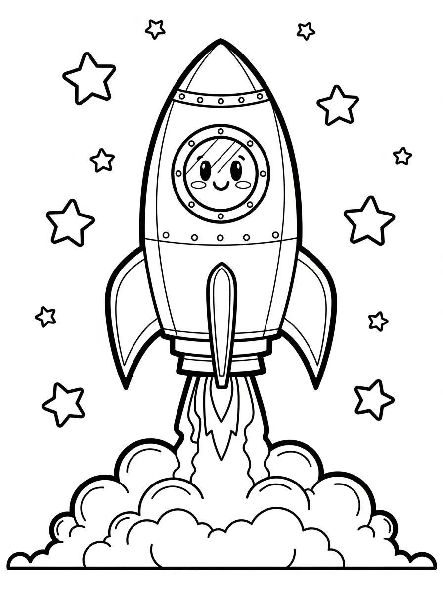 Desenho de Foguete Kawaii com Estrelas para Colorir