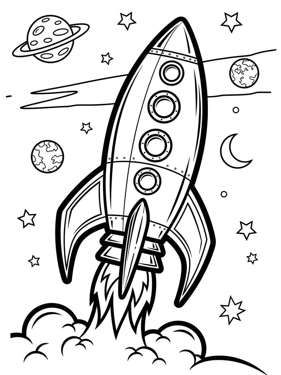 Kolorowanka Startująca rakieta z ogniem i planetami