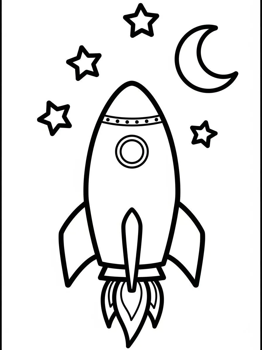 Cohete con estrellas y luna para colorear
