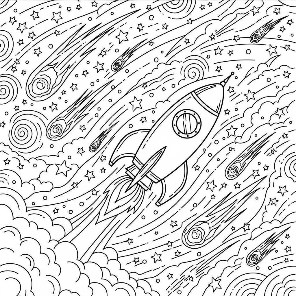 Cohete en el viaje espacial Página para colorear