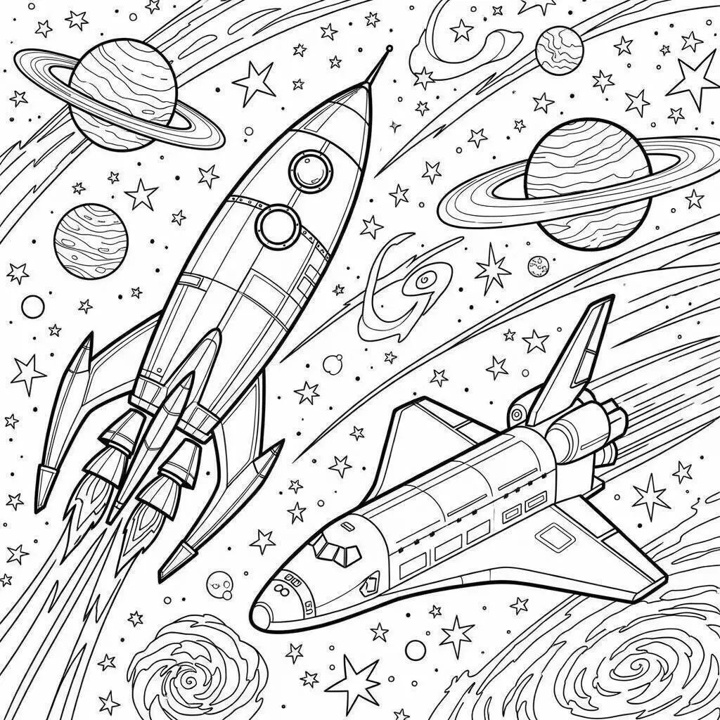 Página para colorear de cohetes y transbordadores espaciales en el espacio