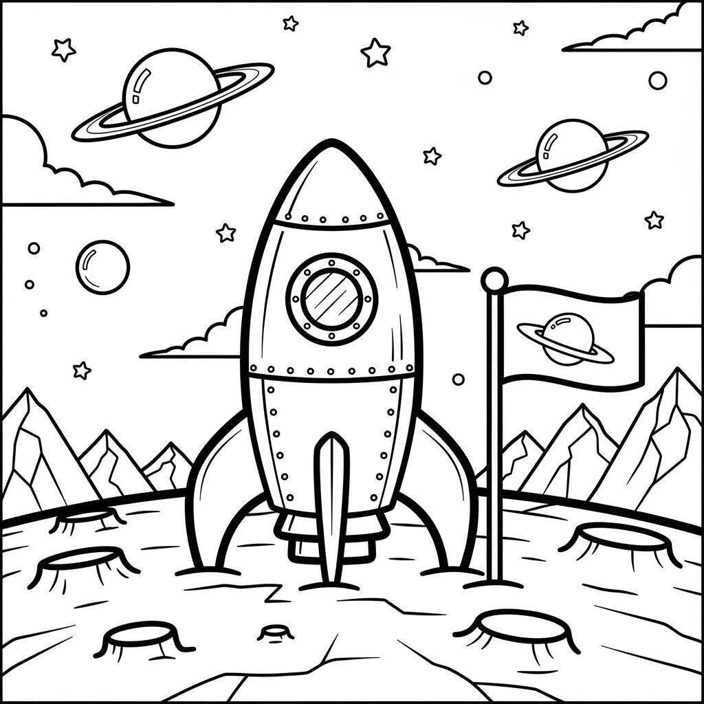Dibujo de Cohete en la Luna con Planetas para colorear
