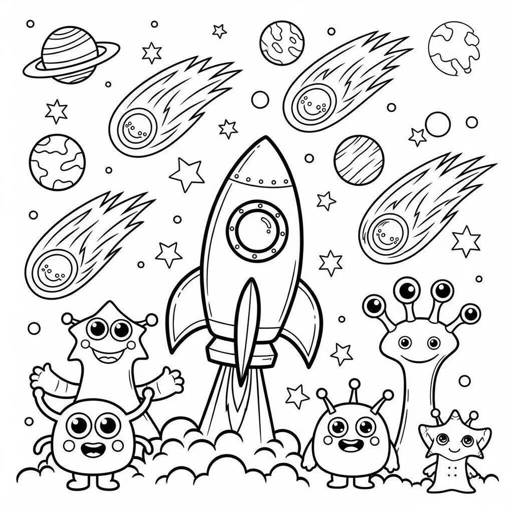 Dibujo de Cohete con Estrellas y Cometas para colorear