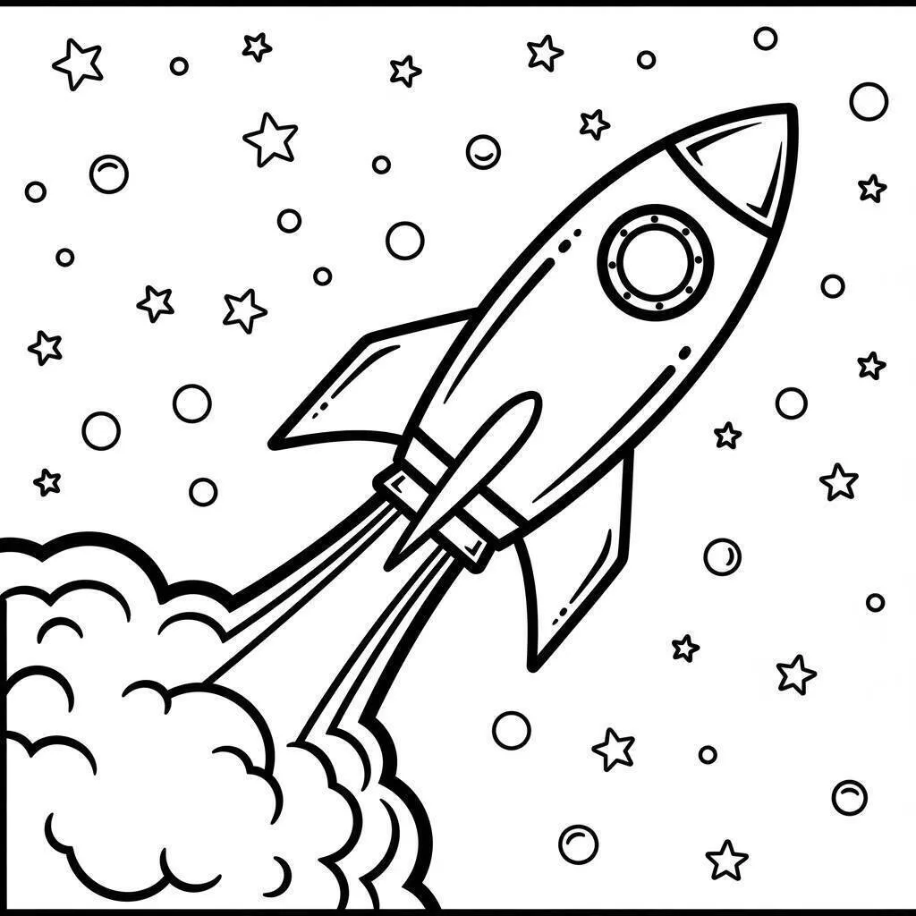 Cohete despegando con estrellas Página para colorear